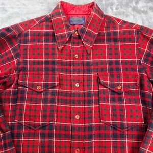 Pendleton Plaid Button Up Shirt Mens 15.5 Red Black Wool Long Sleeve Vintage